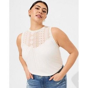 Torrid Women's Sz 4 Plus 26 Cream Ivory Knit Mock Neck Geo Lace Inset Tank New